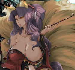 Rule 34 | 1girl, absurdres, alcohol, animal ears, arm under breasts, bare shoulders, bottle, breasts, cleavage, cup, drinking glass, floral print, fox ears, fox girl, fox tail, gold trim, hair spread out, highres, holding, holding smoking pipe, huge breasts, ikerellatab, japanese clothes, kamidori alchemy meister, kimono, kitsune, kohakuren, kyuubi, long hair, long toenails, looking at viewer, medibang paint (medium), multiple tails, no nipples, orange eyes, purple hair, red kimono, shelf, sideways glance, smoking pipe, solo, tail, toenails, very long hair, wide sleeves, wine, wine bottle, wine glass, yellow tail