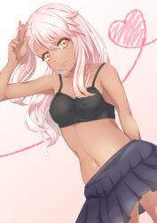 Rule 34 | 1girl, absurdres, armpits, arms behind back, bare arms, bare shoulders, black bra, black skirt, blush, bra, bra strap, breasts, chloe von einzbern, closed mouth, collarbone, covered erect nipples, cowboy shot, dark-skinned female, dark skin, eyelashes, fate/kaleid liner prisma illya, fate (series), gluteal fold, gradient background, gradient eyes, hair between eyes, hand to head, hand up, heart, heart of string, highres, legs apart, lips, long hair, looking at viewer, midriff, miniskirt, multicolored eyes, nanamira bi, navel, one side up, orange eyes, pink hair, pleated skirt, side ponytail, skirt, small breasts, smile, solo, spaghetti strap, stomach, underwear, v, w, yellow eyes