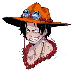 Rule 34 | 1boy, black hair, clenched teeth, commentary request, freckles, hat, highres, jewelry, looking at viewer, male focus, max801115, necklace, one piece, orange hat, pearl necklace, portgas d. ace, portrait, short hair, signature, simple background, smile, solo, teeth, twitter username, white background