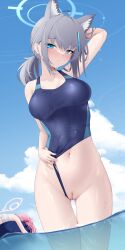 Rule 34 | 2girls, absurdres, animal ears, arm up, blue archive, blue eyes, blush, breasts, cleft of venus, clothes pull, clothing aside, curvy, fat mons, grey hair, highres, hoshino (blue archive), large breasts, leotard, leotard aside, leotard pull, looking at viewer, multiple girls, one-piece swimsuit, partially submerged, pussy, shiny skin, shiroko (blue archive), shiroko (swimsuit) (blue archive), solo focus, standing, swimsuit, uncensored, unconscious, wet, wolf ears, z.taiga
