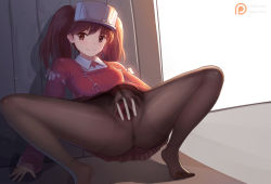 Rule 34 | 1girl, anus, ass, black pantyhose, blush, brown eyes, brown hair, censored, crotch seam, feet, flat chest, hand in pantyhose, japanese clothes, kantai collection, kariginu, looking at viewer, magatama, magic xiang, pantyhose, pleated skirt, pussy, red shirt, ryuujou (kancolle), shirt, skirt, solo, spread legs, spread pussy, thighs, twintails, visor cap