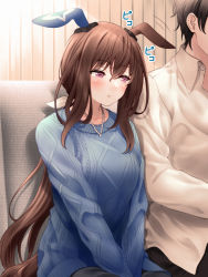 Rule 34 | 1boy, 1girl, admire vega (umamusume), animal ears, blue sweater, blush, brown hair, closed mouth, commentary request, ear covers, head out of frame, highres, horse ears, horse girl, horse tail, jewelry, long hair, long sleeves, necklace, pearl necklace, ponytail, purple eyes, red hayao, sitting, solo focus, sweater, tail, translated, umamusume