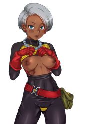 Rule 34 | 1girl, belt, blue eyes, blush, bodysuit, breasts, bustier, covered navel, cowboy shot, dark-skinned female, dark skin, dragon quest, dragon quest iii, earrings, eyebrows, female focus, flashing, gloves, grey hair, highres, jewelry, latex, latex suit, legs, looking at viewer, necklace, nipples, no bra, open clothes, parted lips, pearl necklace, pouch, red gloves, sakuradou, serious, shiny skin, short hair, simple background, skin tight, small breasts, solo, standing, suspenders, thief (dq3), thighs, white background
