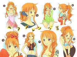 Rule 34 | 1girl, alternate costume, alternate hairstyle, bangle, bent over, bikini, bikini top only, blush, bracelet, braid, breasts, breasts squeezed together, brown eyes, cleavage, closed eyes, cowboy shot, cropped torso, crown braid, earrings, from side, frown, hair bun, hand on own hip, highres, himerinco, jewelry, large breasts, log pose, long hair, lowleg, lowleg skirt, midriff, multiple persona, multiple views, nami (one piece), narrow waist, one piece, orange hair, ponytail, short twintails, simple background, single hair bun, skirt, smile, standing, swimsuit, tank top, tattoo, tears, teeth, twin braids, twintails, upper teeth only, v-neck, wavy hair, white background, wide hips