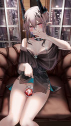 Rule 34 | 1girl, arknights, armchair, black dress, black hair, blush, breasts, censored, chair, cleavage, clothes lift, collar, cup, dress, dress lift, drink, drinking glass, ear piercing, feet out of frame, fingernails, gradient hair, hair between eyes, heart, heart-shaped pupils, highres, horns, ice, ice cube, indoors, infection monitor (arknights), lifting own clothes, long fingernails, looking at viewer, medium breasts, mudrock (arknights), multicolored hair, nail polish, night, no panties, off-shoulder dress, off shoulder, piercing, red eyes, ru zhai, silver hair, sitting, solo, symbol-shaped pupils, thighs, window
