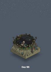 Rule 34 | black feathers, commentary request, creature, diorama, feathers, gozz, grey background, highres, holding, holding stuffed toy, isometric, log, nest, night, night sky, original, sky, sleeping, star (sky), starry sky, stuffed animal, stuffed toy, teddy bear