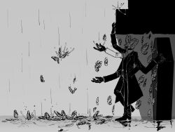 Rule 34 | 1boy, animal head, bug, butterfly, coat, coffin, collared shirt, extra arms, formal, funeral of the dead butterflies, gloves, greyscale, highres, insect, lobotomy corporation, long sleeves, maskv, monochrome, pants, project moon, rain, ripples, shirt, shoes, standing, suit, water, wing collar