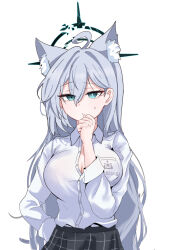 Rule 34 | 1girl, ahoge, animal ear fluff, animal ears, black skirt, blue archive, blue eyes, blush, breasts, cleavage, closed mouth, collarbone, commentary request, dark halo, extra ears, grey hair, hair between eyes, halo, highres, korean commentary, large breasts, long hair, long sleeves, looking at viewer, mismatched pupils, pleated skirt, shiroko (blue archive), shiroko terror (blue archive), shirt, simple background, skirt, skyrain315, solo, white background, white shirt, wolf ears