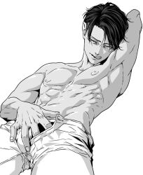 Rule 34 | 1boy, arm behind head, armpits, greyscale, levi (shingeki no kyojin), licking lips, looking at viewer, lying, male focus, male underwear, monochrome, muscular, muscular male, nipples, on back, open pants, pants, satsuki llab, shingeki no kyojin, simple background, tongue, tongue out, topless male, underwear, white background