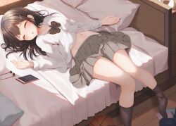 Rule 34 | 1girl, ball, basketball (object), bed sheet, black bow, black bowtie, black socks, blush, bow, bowtie, breasts, brown hair, cellphone, closed eyes, collarbone, commentary request, earbuds, earphones, grey skirt, hair ornament, hairclip, indoors, light particles, lying, medium hair, minato ojitan, navel, on back, on bed, open mouth, original, panties, phone, pillow, pleated skirt, school uniform, skirt, sleeping, small breasts, smartphone, socks, solo, sunlight, underwear, white panties