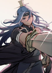 Rule 34 | 1boy, blue eyes, blue hair, blurry, depth of field, foreshortening, glint, gradient background, highres, holding, holding sword, holding weapon, lanxi zhen, long hair, long sleeves, looking at viewer, orange background, robe, solo, suncle, sword, luo xiaohei zhanji, upper body, weapon, white background, wuxian (the legend of luoxiaohei)