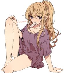 Rule 34 | 1girl, alternate costume, barefoot, black panties, blonde hair, casual, commentary request, food, food in mouth, foot out of frame, hair ornament, hair scrunchie, hand on own knee, long hair, looking at viewer, panties, ponytail, popsicle, purple eyes, purple shirt, red scrunchie, scrunchie, shirt, sidelocks, simple background, sitting, solo, sweatdrop, t-shirt, thighs, touhou, twitter username, underwear, unkmochi, white background, yakumo yukari