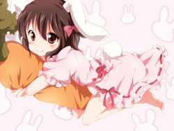 Rule 34 | 1girl, animal ears, bad id, bow, brown hair, carrot, female focus, hair bow, inaba tewi, maruki (punchiki), hugging object, pillow, pillow hug, rabbit ears, red eyes, short hair, solo, touhou