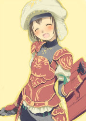 Rule 34 | 00s, 1girl, armor, blush, closed eyes, fang, female focus, final fantasy, final fantasy xi, happy, hat, hima, mihli aliapoh, mithra (ff11), red armor, simple background, smile, solo, white hat