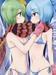 Rule 34 | 2girls, bikini, blue bikini, blue eyes, blue hair, cirno, daiyousei, eye contact, face-to-face, fairy wings, gloves, green eyes, green hair, hair ribbon, ice, ice wings, jack (wkm74959), looking at another, micro bikini, midriff, multiple girls, navel, open mouth, profile, ribbon, scarf, shared clothes, shared scarf, short hair, smile, swimsuit, touhou, wings, yuri