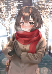 Rule 34 | 1girl, bag, black gloves, blurry, blush, bokeh, breasts, breath, brown coat, brown eyes, brown hair, christmas, cityscape, coat, depth of field, enpera, gloves, hair ornament, hairclip, highres, large breasts, long sleeves, looking at viewer, night, open mouth, original, outdoors, red scarf, scarf, smile, solo focus, steepled fingers, tree, upper body, yoshiki 3821