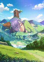 Rule 34 | 1girl, absurdres, bandage over one eye, bandaged head, bandages, bird, blue sky, breasts, brown horns, city, closed eyes, closed mouth, cloud, commentary, curled horns, day, dirt road, fate/grand order, fate (series), giant, giantess, grass, highres, horns, kingprotea (fate), kingprotea (second ascension) (fate), large breasts, long hair, moss, mountainous horizon, one eye covered, outdoors, pigsomedom, procreate (medium), purple hair, road, sky, sleeping, smile, solo, tree, white bird