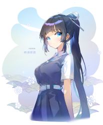 Rule 34 | 1girl, a2ki, aqua eyes, arms behind back, artist name, belt, belt buckle, black hair, blue dress, blue eyes, blue pupils, borrowed character, breasts, buckle, closed mouth, collared shirt, commentary request, cropped legs, dot mouth, dress, eyebrows hidden by hair, floral background, from side, hair ribbon, high belt, high ponytail, highres, light blush, long hair, looking at viewer, medium breasts, original, pinafore dress, pleated dress, ponytail, ribbon, shirt, short sleeves, sidelocks, sideways glance, sleeveless dress, solo, upper body, very long hair, white belt, white ribbon, white shirt, wing collar