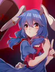 Rule 34 | 1girl, ambiguous red liquid, animal ears, blue dress, blue hair, rabbit ears, rabbit tail, dress, earclip, frilled sleeves, frills, holding, looking away, mallet, moon rabbit, puffy short sleeves, puffy sleeves, red eyes, renka (sutegoma25), seiran (touhou), short hair, short sleeves, solo, stain, tail, touhou, twintails