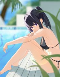 Rule 34 | 1girl, bare arms, bare legs, bare shoulders, barefoot, bikini, black bikini, black hair, breasts, commentary request, highres, inoue takina, light smile, long hair, looking at viewer, lycoris recoil, navel, ponytail, pool, purple eyes, scrunchie, sitting, small breasts, solo, swimsuit, user fhvv8888, white scrunchie