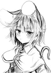 Rule 34 | 1girl, animal ear fluff, animal ears, capelet, closed mouth, ginger ale (syouga 6383), greyscale, highres, jewelry, looking at viewer, monochrome, mouse ears, mouse tail, nazrin, pendant, short hair, simple background, solo, tail, touhou, upper body