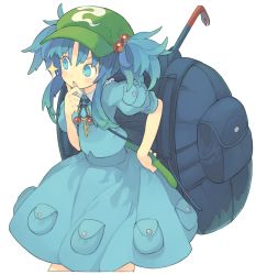 Rule 34 | 1girl, alternate hairstyle, backpack, bag, blue eyes, blue hair, blue theme, blush, crowbar, cucumber, hair bobbles, hair ornament, hat, kawashiro nitori, key, looking away, looking to the side, matching hair/eyes, morino hon, open mouth, puffy sleeves, shirt, short sleeves, sidelocks, simple background, skirt, skirt set, solo, sparkle, string, touhou, twintails, two side up, white background