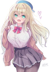 1girl absurdres atago_(kancolle) beret blonde_hair blue_hat blush breasts brown_cardigan cardigan cowboy_shot green_eyes hat heart highres hizaka kantai_collection large_breasts long_hair long_sleeves looking_at_viewer neckerchief open_cardigan open_clothes open_mouth pantyhose pleated_skirt school_uniform shirt signature skirt smile solo twitter_username white_shirt