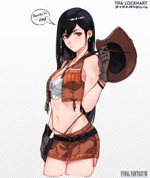 Rule 34 | 1girl, bare shoulders, belt, belt buckle, black hair, bracelet, breasts, brown gloves, brown hat, brown skirt, brown vest, buckle, cesar art456, character name, closed mouth, collarbone, commentary, copyright name, cowboy hat, cowboy shot, crisis core final fantasy vii, crop top, cropped legs, earrings, english commentary, english text, final fantasy, final fantasy vii, final fantasy vii rebirth, final fantasy vii remake, gloves, gradient background, hair between eyes, hand up, hat, heart, highres, jewelry, long hair, looking at viewer, midriff, navel, official alternate costume, pink lips, red eyes, single earring, skirt, solo, speech bubble, tifa lockhart, tifa lockhart (cowgirl), unworn hat, unworn headwear, vest