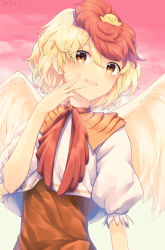 Rule 34 | 1girl, :d, animal, animal on head, bird, blonde hair, blush, chick, commentary request, dated, feathered wings, gradient sky, hair between eyes, hand up, highres, kisamu (ksmz), looking at viewer, multicolored hair, neck ribbon, niwatari kutaka, on head, open mouth, orange eyes, pink sky, puffy short sleeves, puffy sleeves, red hair, red ribbon, ribbon, shirt, short hair, short sleeves, sky, smile, solo, touhou, two-tone hair, upper body, white shirt, wings, yellow wings
