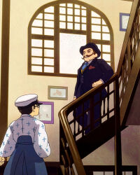 Rule 34 | 2boys, aged down, aviator cap, black hat, black jacket, black pants, blue necktie, blue pants, brown hair, buttons, commentary request, facial hair, giovanni battista caproni, grin, hand on railing, handkerchief, hat, horikoshi jirou, indoors, jacket, japanese clothes, kaze tachinu, kimono, long sleeves, looking at another, multiple boys, mustache, necktie, pants, picture frame, railing, short hair, smile, stairs, standing, suit jacket, tsurugi, very short hair, white hat, white kimono, window, wooden railing