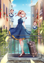 Rule 34 | 3girls, :d, alice margatroid, apron, balcony, belt, black footwear, black ribbon, blonde hair, blue belt, blue dress, blue eyes, blue shirt, blue sky, blush, bow, bowtie, breasts, building, capelet, cloud, commentary, day, dress, floating, flower, flower pot, full body, hair bow, hair ribbon, hairband, hands up, high heels, highres, kisaragi yuri, long hair, long sleeves, looking at another, looking to the side, mary janes, medium breasts, multiple girls, neck ribbon, open mouth, outdoors, outstretched arms, own hands together, pantyhose, petals, petticoat, plant, potted plant, puffy short sleeves, puffy sleeves, railing, red bow, red flower, red footwear, red hairband, red ribbon, ribbon, rolling suitcase, shanghai doll, shirt, shoes, short hair, short sleeves, sky, smile, standing, strapless, strapless dress, striped clothes, striped shirt, suitcase, touhou, vertical-striped clothes, vertical-striped shirt, waist apron, white apron, white capelet, white legwear, window