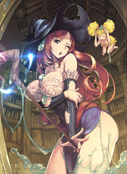 Rule 34 | 1girl, bare shoulders, blonde hair, blush, breasts, brown eyes, detached sleeves, dissolving clothes, dragon&#039;s crown, dress, fairy, fairy wings, hat, highres, large breasts, long hair, multiple girls, newey, pointy ears, side slit, slime (substance), sorceress (dragon&#039;s crown), staff, strapless, strapless dress, tiki (dragon&#039;s crown), torn clothes, wings, witch hat