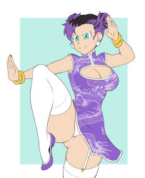 Rule 34 | 1girl, black hair, black nails, blue background, blue eyes, bracelet, breasts, china dress, chinese clothes, cleavage, cleavage cutout, clothing cutout, double bun, dragon print, dress, earrings, fighting stance, garter straps, hair bun, highres, jewelry, large breasts, multicolored hair, panties, print dress, purple dress, purple footwear, purple hair, shoes, sidney (zeshgolden), sleeveless, sleeveless dress, smile, standing, standing on one leg, thighhighs, two-tone hair, underwear, white panties, white thighhighs, zeshgolden