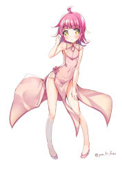 Rule 34 | 1girl, alternate costume, artist name, artist request, bare legs, bare shoulders, blunt bangs, blush, bow, breasts, brown eyes, china dress, chinese clothes, collarbone, dot nose, dress, female focus, full body, hand on own leg, hand on own thigh, high collar, looking at viewer, love live!, love live! nijigasaki high school idol club, miniskirt, navel, parted lips, pink bow, pink dress, pink footwear, pink hair, pink skirt, plaid, plaid dress, plaid skirt, pleated, pleated dress, pleated skirt, shiny skin, shoes, short hair, simple background, skirt, sleeveless, sleeveless dress, smile, solo, standing, tagme, tennoji rina, thighs, white background, yellow eyes
