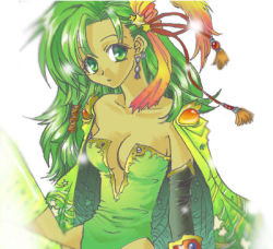 Rule 34 | 1990s (style), 1girl, breasts, cleavage, final fantasy, final fantasy iv, green eyes, green hair, hair ornament, leotard, lowres, matching hair/eyes, rydia (ff4), solo, star (symbol), star hair ornament, thighhighs