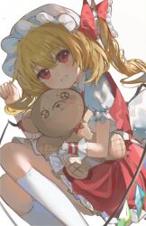 Rule 34 | 1girl, blonde hair, cowboy shot, flandre scarlet, frills, hat, highres, mob cap, puffy short sleeves, puffy sleeves, red eyes, red ribbon, ribbon, short sleeves, side ponytail, simple background, smile, solo, stuffed animal, stuffed toy, teddy bear, thighhighs, thighs, touhou, user ptvs3537, white background, white thighhighs