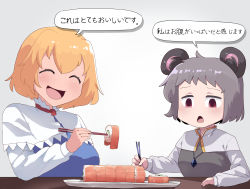 Rule 34 | 2girls, ^ ^, absurdres, alice margatroid, animal ears, blue dress, blush, capelet, chopsticks, closed eyes, commentary request, cookie (touhou), dress, closed eyes, food, fuka (kantoku), grey hair, grey vest, highres, holding, holding chopsticks, jewelry, kofji (cookie), makizushi, mouse ears, multiple girls, nazrin, necklace, open mouth, red eyes, red neckwear, rice, shirt, short hair, sushi, touhou, translation request, upper body, vest, web (cookie), white capelet, white shirt, you&#039;re doing it wrong