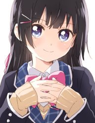 Rule 34 | 1girl, black hair, black jacket, blue eyes, blush, bow, bowtie, braid, closed mouth, commentary request, hair ornament, hairclip, highres, jacket, long hair, long sleeves, looking at viewer, namori, nijisanji, pink bow, pink bowtie, school uniform, smile, solo, tsukino mito, tsukino mito (1st costume), upper body, virtual youtuber
