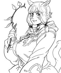 Rule 34 | 1girl, animal ears, bad id, bb (baalbuddy), breasts, cat ears, cat tail, closed mouth, fang, fang out, final fantasy, final fantasy xiv, greyscale, highres, holding, holding stick, hood, hood down, inactive account, large breasts, long sleeves, looking at viewer, miqo&#039;te, monochrome, short hair, simple background, smile, solo, stick, tail, upper body, white background, y&#039;shtola rhul