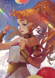 Rule 34 | 1girl, absurdres, armlet, balloon, bare shoulders, blonde hair, blue eyes, blue sky, bracelet, chrono trigger, cloud, cloudy sky, commentary, confetti, english commentary, fumezu1, hands up, high ponytail, highres, holding, holding balloon, jewelry, long hair, marle (chrono trigger), neck ring, outdoors, pants, parted lips, shirt, sky, smile, solo, strapless, strapless shirt, upper body, very long hair, white pants, white shirt