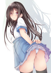 Rule 34 | 1girl, ass, black hair, black thighhighs, blue skirt, blush, brown eyes, closed mouth, clothes lift, commentary request, cowboy shot, creek (moon-sky), from behind, hair between eyes, highres, lifted by self, long hair, looking at viewer, looking back, original, panties, pleated skirt, shirt, short sleeves, simple background, skirt, skirt lift, solo, thighhighs, underwear, white background, white panties, white shirt