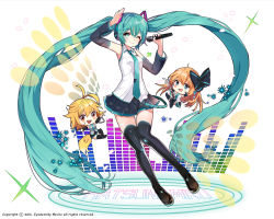 Rule 34 | 2016, absurdly long hair, aqua hair, bad id, bad pixiv id, blonde hair, boots, brown hair, character name, chibi, cosplay, detached sleeves, electric guitar, floating hair, full body, green eyes, guitar, hatsune miku, hatsune miku (cosplay), hatsune miku (vocaloid3), headphones, instrument, kai-ri-sei million arthur, long hair, microphone, million arthur (series), necktie, one eye closed, open mouth, pleated skirt, salute, skirt, smile, tail, thigh boots, thighhighs, togo (korlsj1235), triangle (instrument), twintails, very long hair, vocaloid, white background