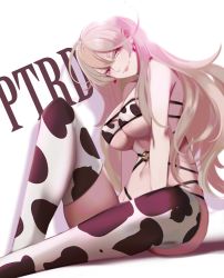 Rule 34 | 1girl, absurdres, animal costume, animal print, blonde hair, bra, breasts, character name, closed mouth, cow costume, cow print, earrings, from side, girls&#039; frontline, hand on floor, highres, jewelry, large breasts, lips, long hair, looking at viewer, mole, mole under eye, ohc., on floor, ptrd (girls&#039; frontline), purple eyes, sitting, smile, solo, thighhighs, underwear, white background