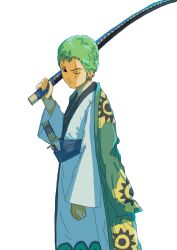 Rule 34 | 1boy, arm at side, coat, crowpencil, feet out of frame, from side, green coat, green hair, green theme, hand up, holding, holding sword, holding weapon, japanese clothes, looking at viewer, male focus, on shoulder, one eye closed, one piece, over shoulder, robe, roronoa zoro, sanpaku, scar, scar across eye, short hair, shusui, sidelighting, simple background, solo, standing, sword, traditional clothes, v-shaped eyebrows, very short hair, wado ichimonji, weapon, weapon over shoulder, white background, white robe