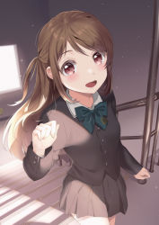 Rule 34 | 1girl, :d, arm at side, arm up, blush, bow, bowtie, brown eyes, brown hair, brown jacket, brown skirt, cowboy shot, day, emblem, fingernails, green bow, green bowtie, handrail, indoors, jacket, light particles, long hair, long sleeves, looking at viewer, open mouth, original, pleated skirt, ponytail, school uniform, shirt, skirt, smile, solo, stairs, swept bangs, teeth, unya (unya-unya), upper teeth only, very long hair, white shirt, window