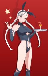Rule 34 | 1girl, absurdres, alternate costume, animal ears, bare shoulders, blue eyes, braid, breasts, cleavage cutout, clothing cutout, commission, commissioner upload, cup, drinking glass, earrings, fake animal ears, fire emblem, fire emblem fates, food, fruit, grey hair, hairband, highres, holding, holding tray, jewelry, leotard, low twin braids, low twintails, medium breasts, navel, nina (fire emblem), nintendo, non-web source, orange (fruit), orange slice, playboy bunny, rabbit ears, staz008, tray, twin braids, twintails, wine glass