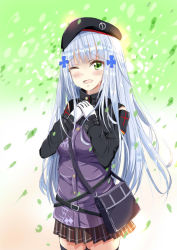 Rule 34 | 1girl, ;d, bag, beret, black hat, black skirt, black thighhighs, blue hair, blush, breasts, cowboy shot, crying, crying with eyes open, german flag, girls&#039; frontline, gloves, gradient background, green eyes, hair ornament, hands on own chest, hat, hk416 (girls&#039; frontline), jacket, long hair, long sleeves, looking at viewer, medium breasts, miniskirt, natsuki (digretking), one eye closed, open mouth, own hands together, plaid, plaid skirt, pleated skirt, purple jacket, shoulder bag, skirt, smile, solo, standing, streaming tears, tears, thighhighs, very long hair, white gloves, zettai ryouiki