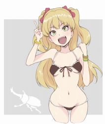 Rule 34 | 1girl, :d, arm scrunchie, beetle, bikini, black bikini, blonde hair, bow, breasts, bug, clenched hands, cowboy shot, front-tie bikini top, front-tie top, green eyes, grey background, hair bow, head tilt, idolmaster, idolmaster cinderella girls, ina (gokihoihoi), insect, jougasaki rika, looking at viewer, navel, open mouth, outside border, red bow, scrunchie, small breasts, smile, solo, standing, string bikini, swimsuit, two side up, v-shaped eyebrows, wristband