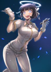 Rule 34 | 1girl, :d, angel, azazel (helltaker), blue background, blue eyes, breasts, collarbone, collared shirt, commentary, cross, gloves, hair ribbon, halo, helltaker, highres, holding, holding pen, large breasts, looking at viewer, ohako (ohako1818), open mouth, pants, pen, ribbon, shirt, short hair, short sleeves, smile, solo, teeth, upper teeth only, white gloves, white pants, white ribbon, white shirt