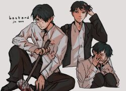 Rule 34 | bastard (manhwa), black hair, black jacket, black pants, blood, blood on face, bloody weapon, brown hair, closed mouth, crying, hammer, hand up, hands up, highres, jacket, long hair, pants, sad, seon jin, serious, shirt, simple background, sitting, smile, weapon, white background, white shirt